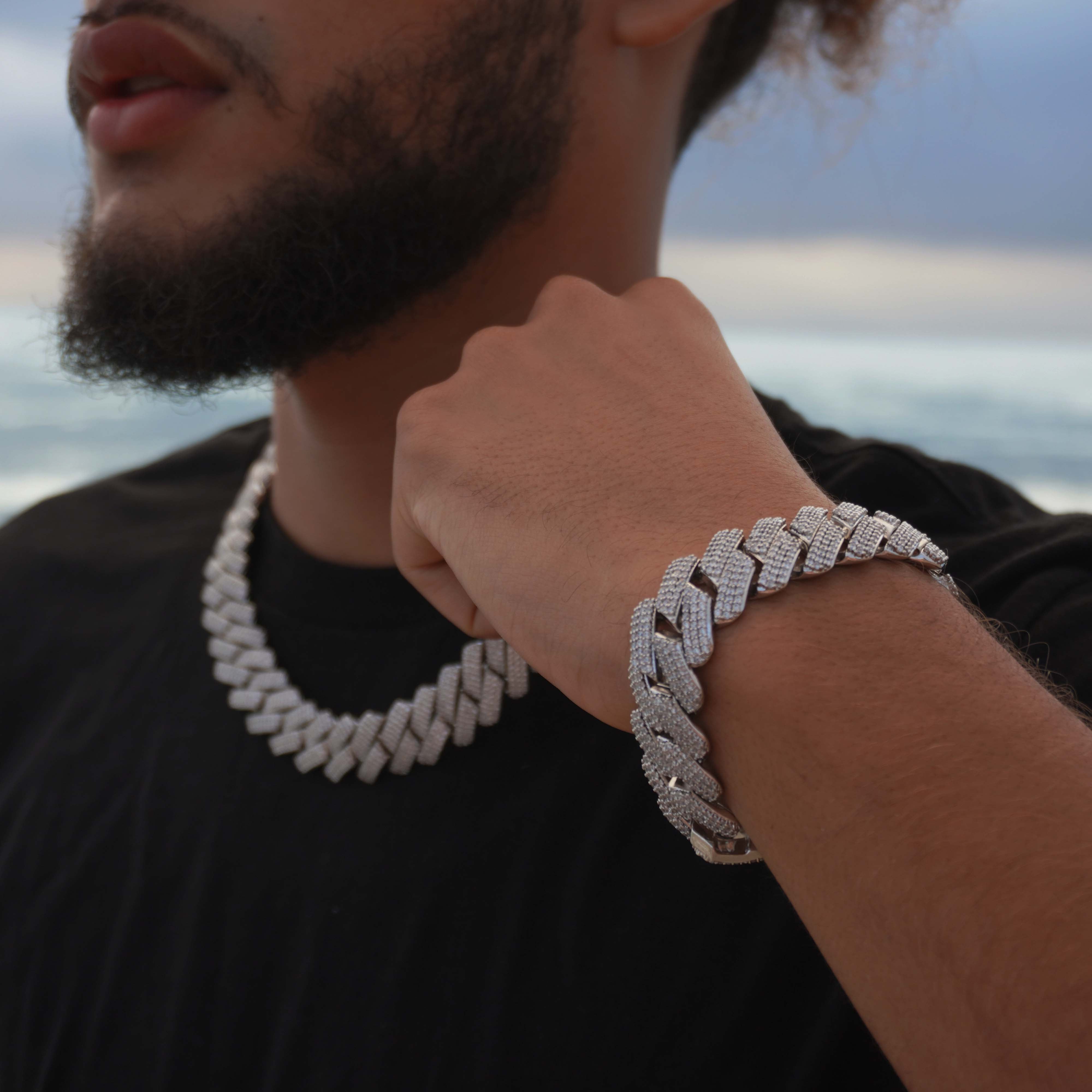 Silver 19MM Prong Set Cuban Link Bracelet