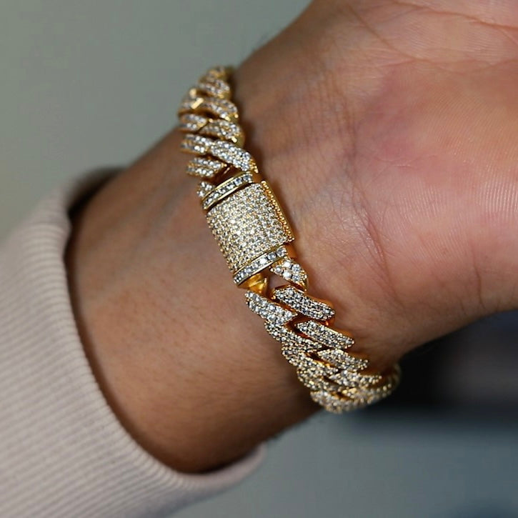 Silver 12MM Prong Set Cuban Link Bracelet